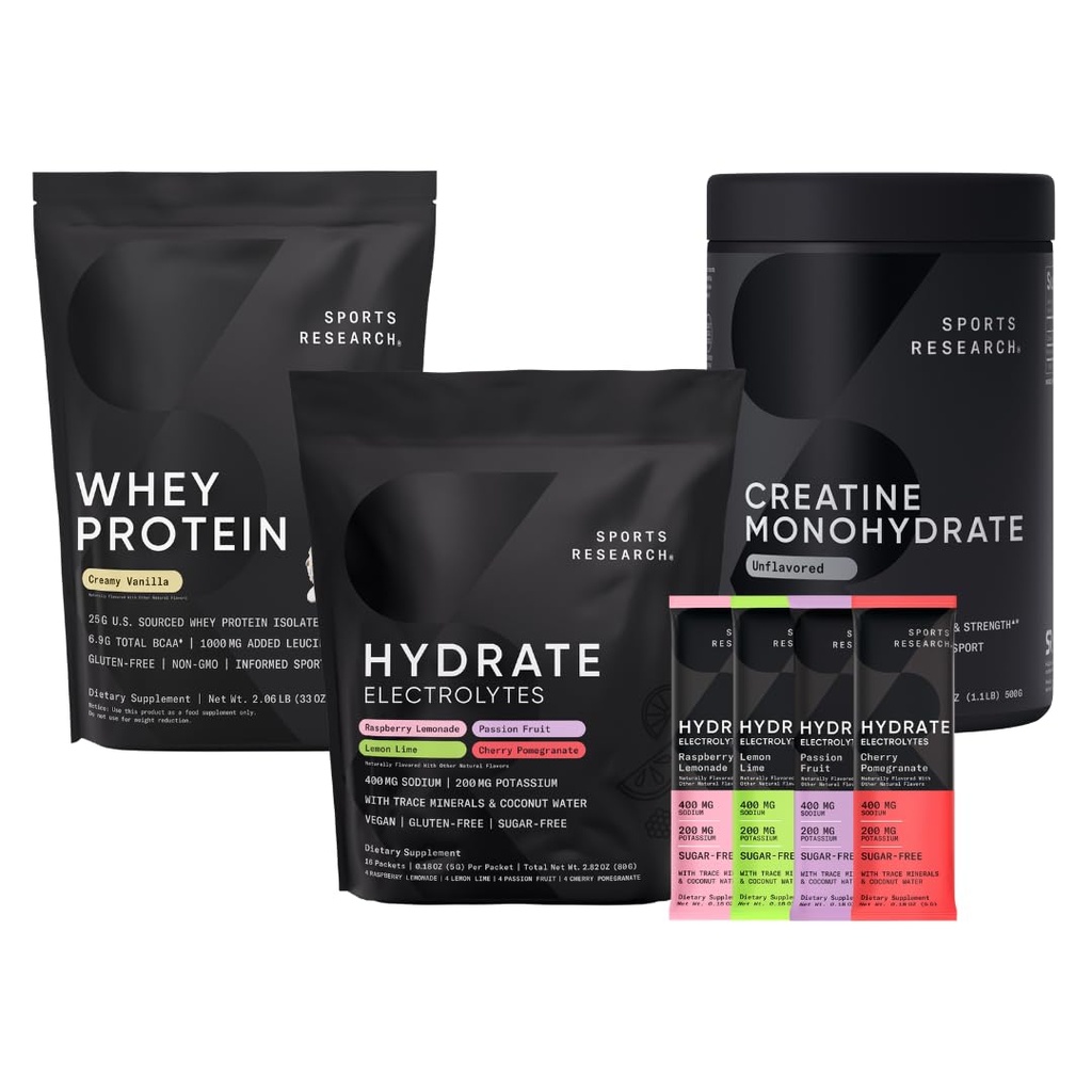 Sport Research® Whey Protein Isolate Vanilla Flavored (2.1 lb), Variety Pack Hydrate Elektrolyte Pulverpakete (16 Count) und Kreatin Monohydrat (1.1 lb)