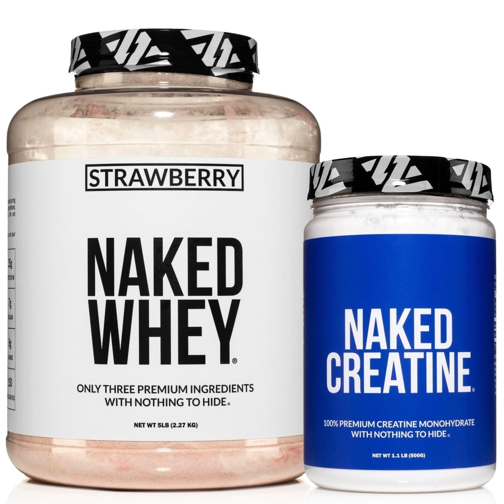 NAKED Strawberry Whey Protein Powder 5LB (61 Servings) + Pure Micronized Creatine Monohydrate 500g (100 Servings) – Bulk; Grass-Fed; Non-GMO; Gluten Free; Soy Free