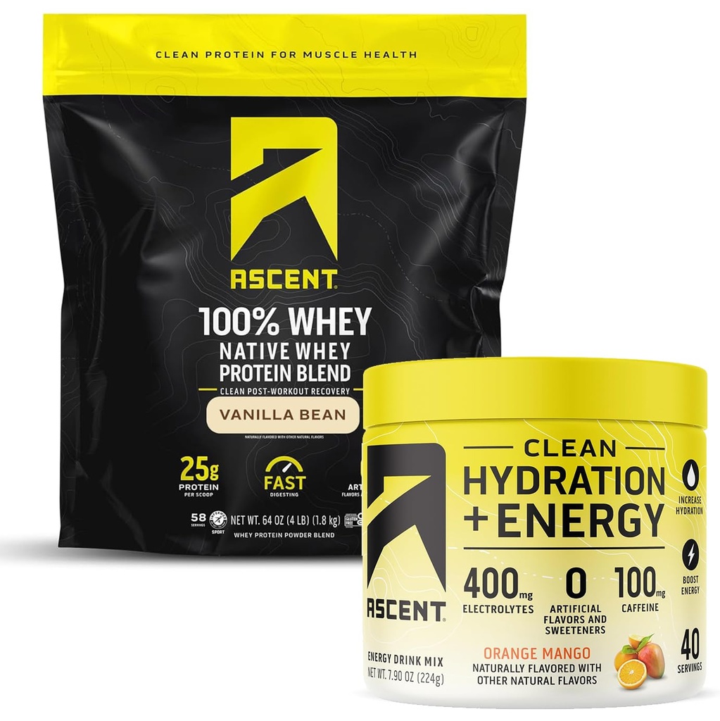 Ascent 100% Whey Protein Powder, Vanilla Bean 4 lb & Hydration + Energy Electrolytes, Orange Mango 40 Servings