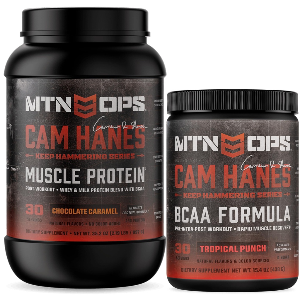 MTN OPS Cam Hanes Whey Protein & Tropical Punch BCAA Bundle – Chocolate Caramel Protein Powder + Amino Acids