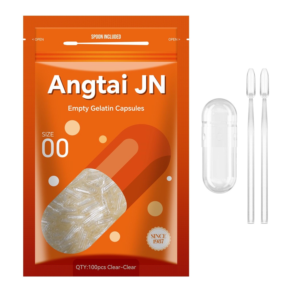 Angtai JN Gelatin Kapseln Größe 00 Leere Pillen Gel Kapseln reine Bovine klar (100 Zähler) Glutenfrei, Non-GMO, Halal Certified Filling Kit mit 2 Löffel für DIY Ihre eigenen Ergänzungen
