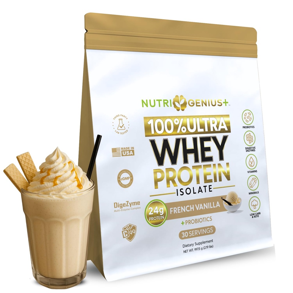 All-in-One Nutrition Whey Protein Isolate with Probiotics, Digestive Enzime, Vitamins and Minerals, Vanilla, 30 Servings, Gluten Free, Keto Friendly, No Sugar
