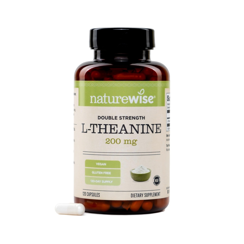 NatureWise Double Strength L-Theanin 200mg - Vegan L Theanin Supplement for Relaxation + Sleep Support - NSF Certified L-Theanin - Non-GMO, USA Hergestellt - 120 Kapseln