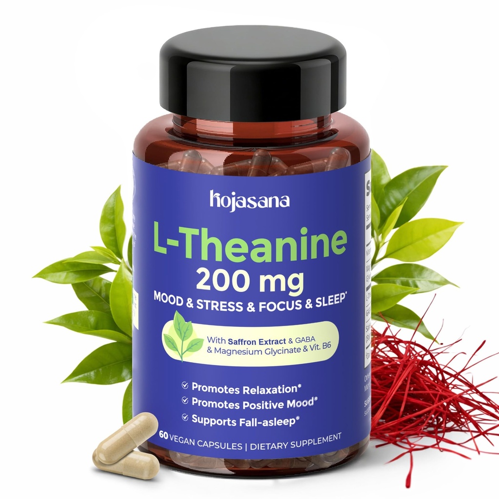 L Theanin 200mg mit Safran, GABA, Magnesium Glycinat & Vitamin B6, L-Theanin Supplement Advanced Complex Formula for Mood Relax & Stress Relief & Sleep Support, 60 Vegane Kapseln