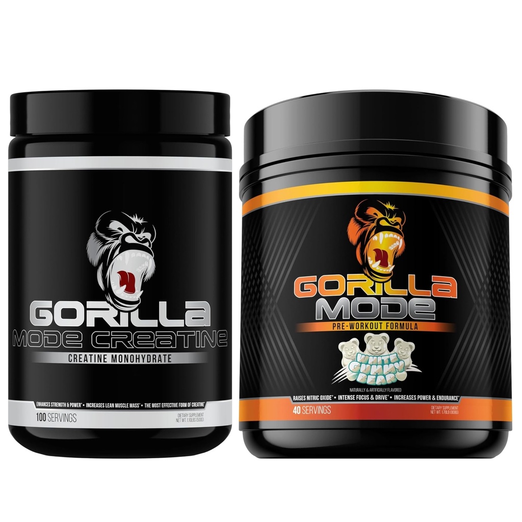 Gorilla Mode Creatine Monohydrate Micronized Powder & Pre Workout (White Gummy Bear)- Massive Pumps | Laser Focus Energy | Improved Muscle Size | Power Output and Strength