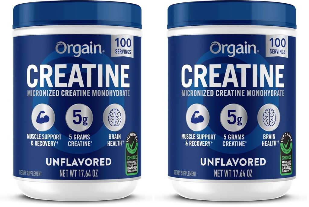 Orgain Creatine Monohydrate Mikronisiertes Pulver,100 Servierungen,Unflavored,Unterstützt Muskelwachstum,Post Workout Erholung und Gehirngesundheit,Keine künstlichen Additive,für Männer & Frauen,Vegan,(Pack von 2)