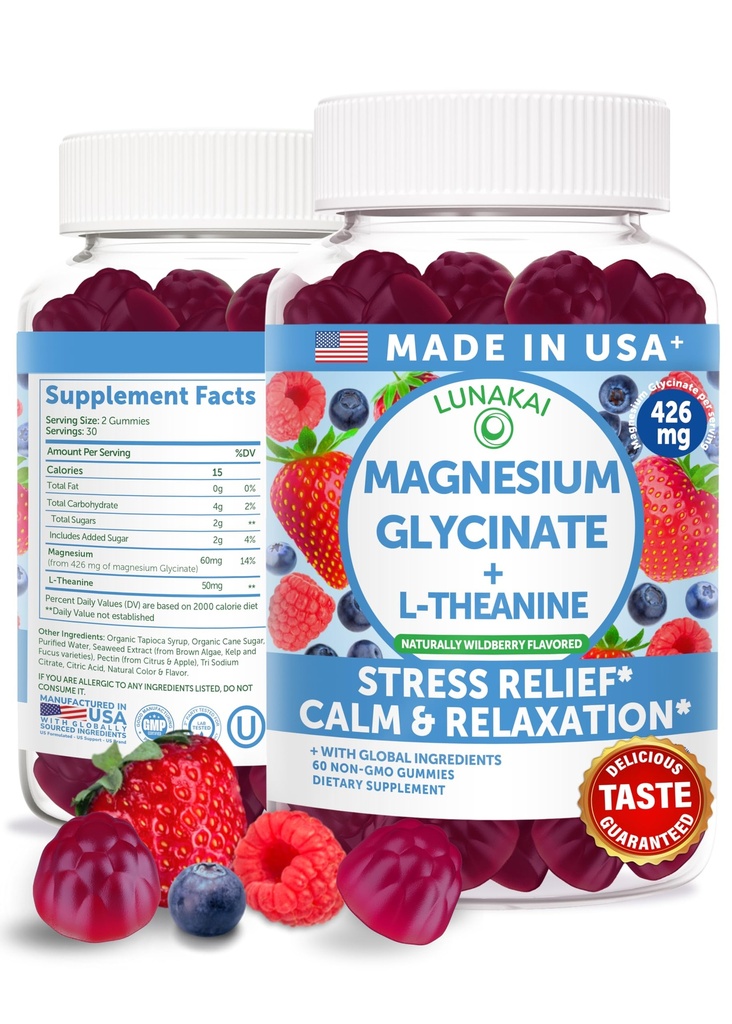 Lunakai USA Made Magnesium Glycinate Gummi 426mg mit L-Theanin – ruhig, Schlaf, Stress Relief für Erwachsene & Kinder, Non-GMO, Vegan, 60ct