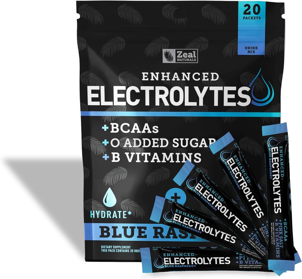 Verbesserte Elektrolyt-Pulver-Stick-Packs (blaue Himbeere | 20 Pakete) w/ 0 Zucker + BCAAs +B-Vitamine Elektrolyt-Ergänzung mit Kalium Zink & Magnesium für Hydration - Keto Elektrolyte