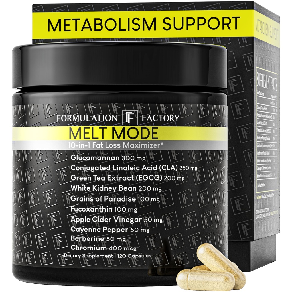 Formulierung Fabrik Metabolismus Booster - Melt Mode natürliche thermogene Unterstützung mit Glucomannan, L-Carnitin & Grüner Tee Extrakt - Advanced Satiety & Energy - 120 Kapseln, 2 Monate Versorgung