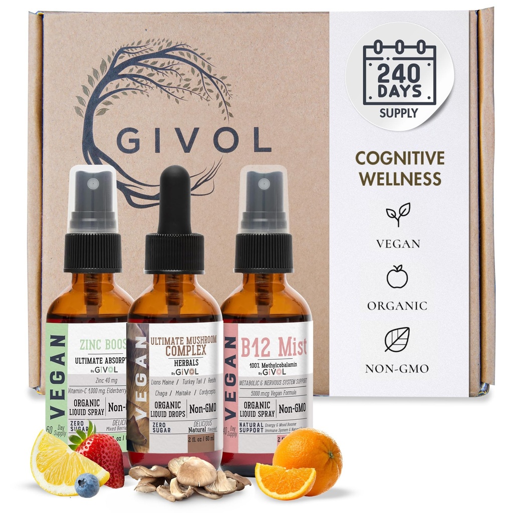 Cognitive Wellness Bundle Liquid Vitamin Trio: Methylcobalamin B12, Lions Mane, Reishi, Chaga Mushroom Complex & Zinc Picolinate: Gluten-Free, Sugar-Free, Non-GMO - 360 Days Supply