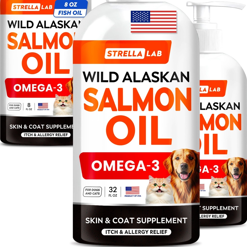 STRELLALAB Salmon Oil for Dogs Bundle – Omega 3 for Skin, Coat & Itch Relief + Joint, Heart & Immune Support – EPA+DHA Fatty Acids – Wild Alaskan Fish Oil – 72 Fl Oz Total – Made in USA