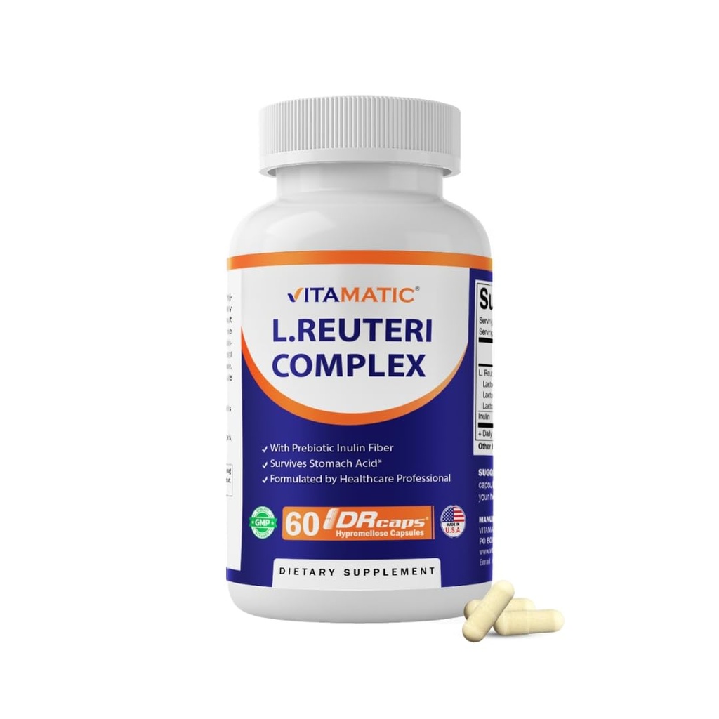 Vitamatic Lactobacillus Reuteri Complex - 22 Milliarden CFU pro verzögerter Freisetzungskapsel - 60 Kapseln - Verdauungs- und Darmgesundheitsunterstützung - mit präbiotischer Inulinfaser