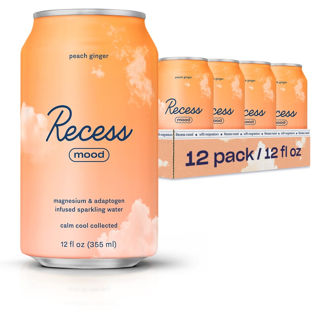 Recess Mood Magnesium & Adaptogen Drink, Relaxation Getränke, 12 Unzen (Peach Ginger, 12 Packung)