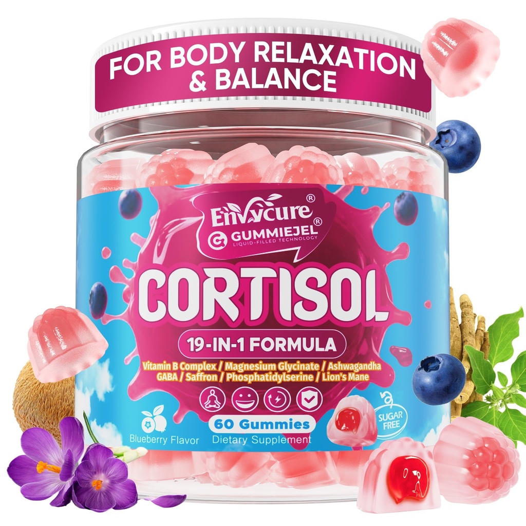 Cortisol Gummies for Women & Men, 19-IN-1 High Cortisol Reducer Supplement w/B Vitamins, Magnesium Glycinate, Ashwagandha, Saffron, Lion's Mane, Reshi for Relaxation, Focus & Balance Support, 60 Cout