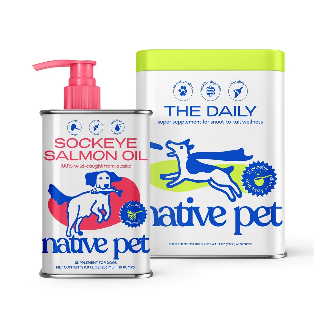Native Pet The Daily Dog Supplement (60 Scoops) & Lachsöl für Hunde & Katzen (8 Oz) - 11 in 1 Multivitamin & reines Omega-3-Fischöl-Supplement für Haut & Mantel, Gelenk, Herzgesundheit & entzündungshemmend