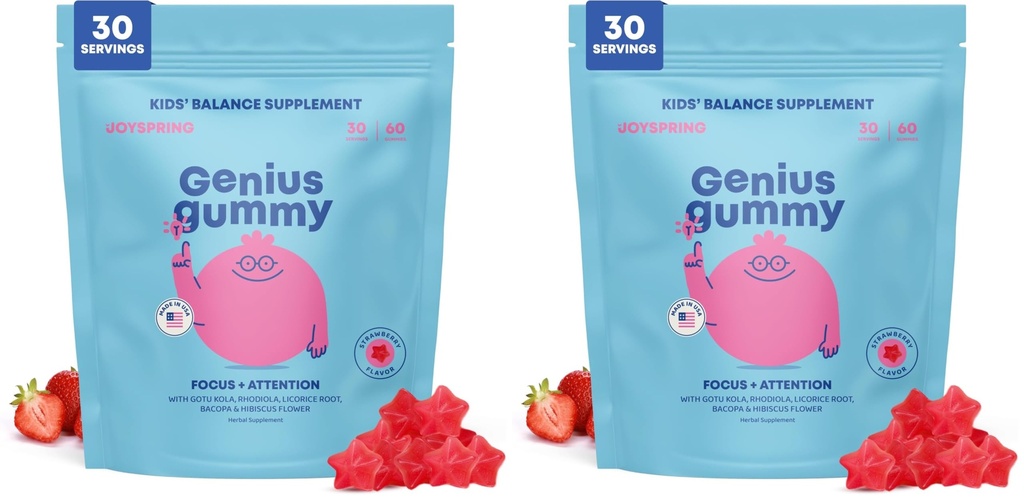 JoySpring Genius Kids Focus Gummies – Natural Herbal Brain Supplement for Kids | Vegan, Gluten-Free, Sugar-Free with Bacopa, Gotu Kola, Rhodiola – 60 Count (Pack of 2)