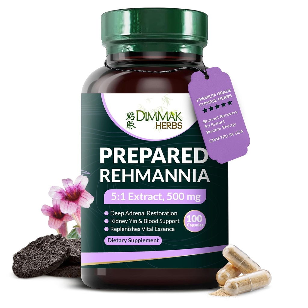 Dimmak Kräuter vorbereitet Rehmannia Wurzelkapseln (Shu Di Huang)- 5:1 Bio-Extrakt- Hohe Potenz Adrenal & Kidney Yin Tonic- Unterstützt Menopause, Schlaf & Vitalität- Non-GMO Vegan, 500mg