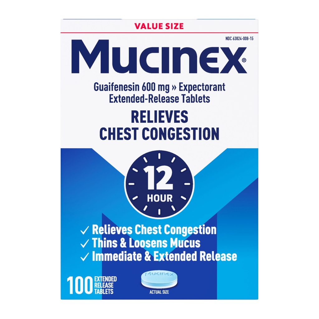 Mucinex 12 Hour 600 mg Guaifenesin Extended-Release Tablets for Excess Mucus Relief, Expectorant Aids Excess Mucus Removal, Chest Congestion Relief, 100 Bi-Layer Tablets