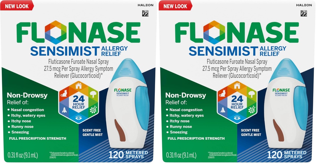 Flonase Sensimist Allergy Relief Nasal Spray for Non-Drowsy,24-Hour Multi-Symptom Allergy Relief – 120 Sprays,(Pack of 2)