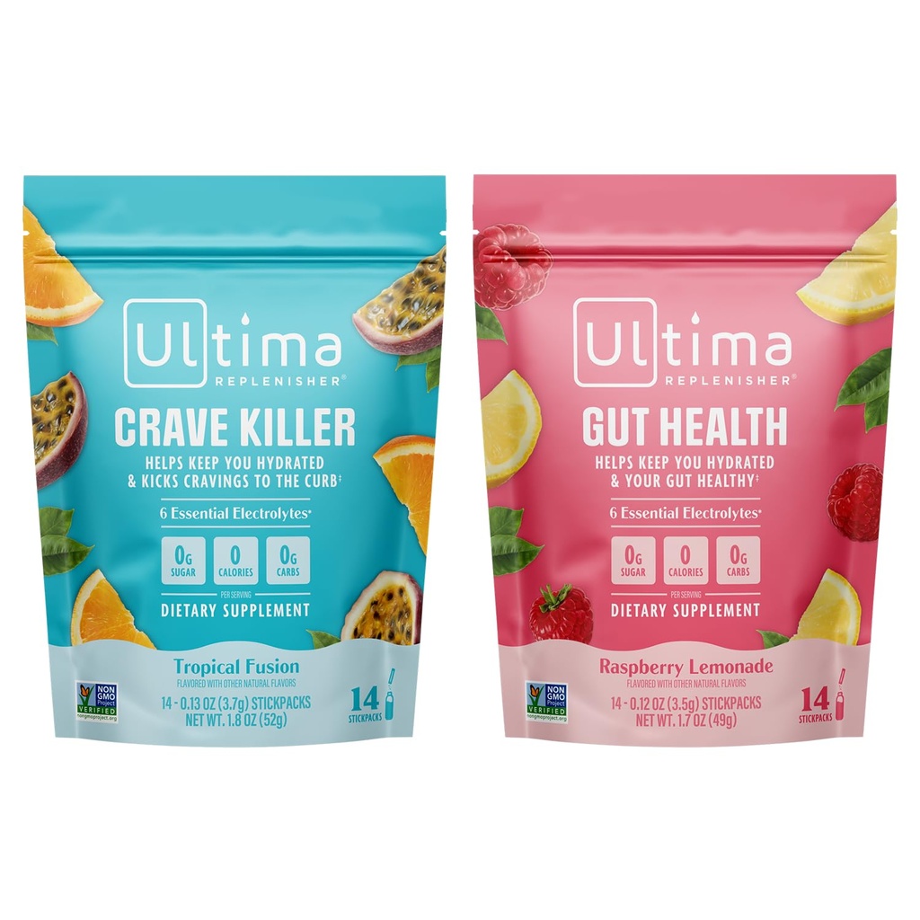 Ultima Replenisher Electrolyte Powder Drink Mix Bundle – Sugar Free – Crave Killer und Gut Health, 14 Stickpacks – 6 Elektrolyte und Mineralien – Keto Friendly, Vegan, Non-GMO