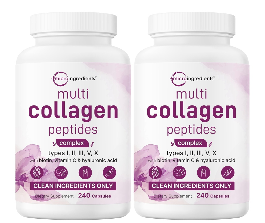 Micro Ingredients 2 Pack Multi Collagen Pills for Women & Men, 480 Capsules | Type I, II, III, V, X | Hydrolyzed Protein Peptides with Biotin, Hyaluronic Acid, & Vitamin C | Keto & Paleo Friendly