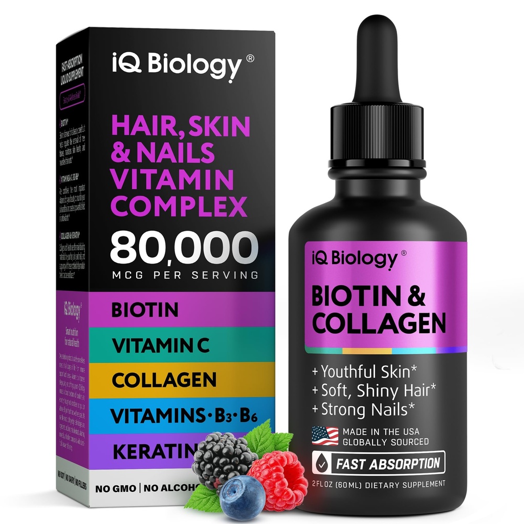Liquid Biotin for Hair Growth, Skin & Nails - 80.000 mcg Hair Vitamins Drops - Extra Strength Biotin 5000mcg, Collagen, Keratin mit Hyaluronsäure - Multivitamin Supplement für Damen und Herren - 2 fl oz