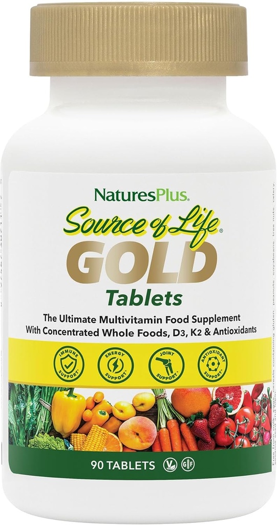 NaturesPlus Quelle des Lebens Gold Multivitamin - 90 Tabletten - mit Vitaminen D3, B12 & K2 - Blut, Knochen & Immununterstützung - Vegetarisch & Glutenfrei - 30 Servietten