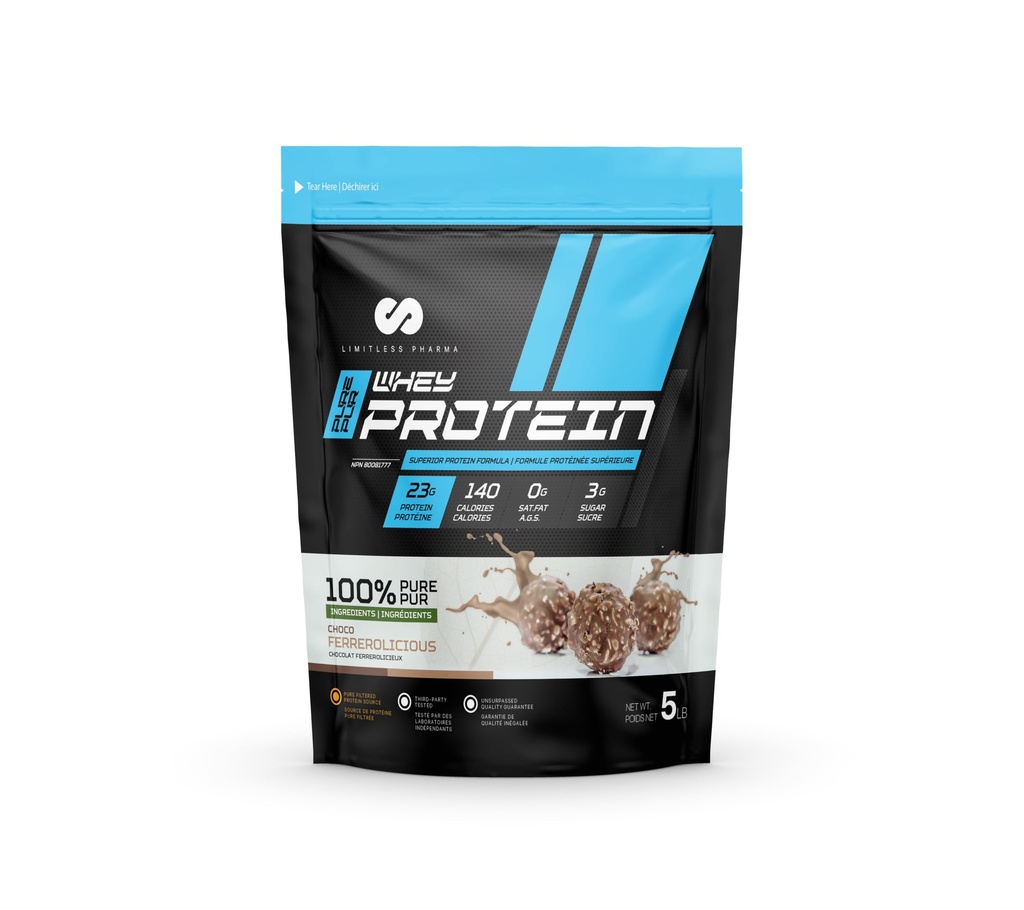 Limitless Pharma Pure Whey Protein | High Protein Whey Concentrate Powder | 23g Protein, 6g BCAAs, Gluten Free, Low Sugar, Low Carb, Low Lactose | 65 Servings, 5LB (Choco Ferrerolicious)