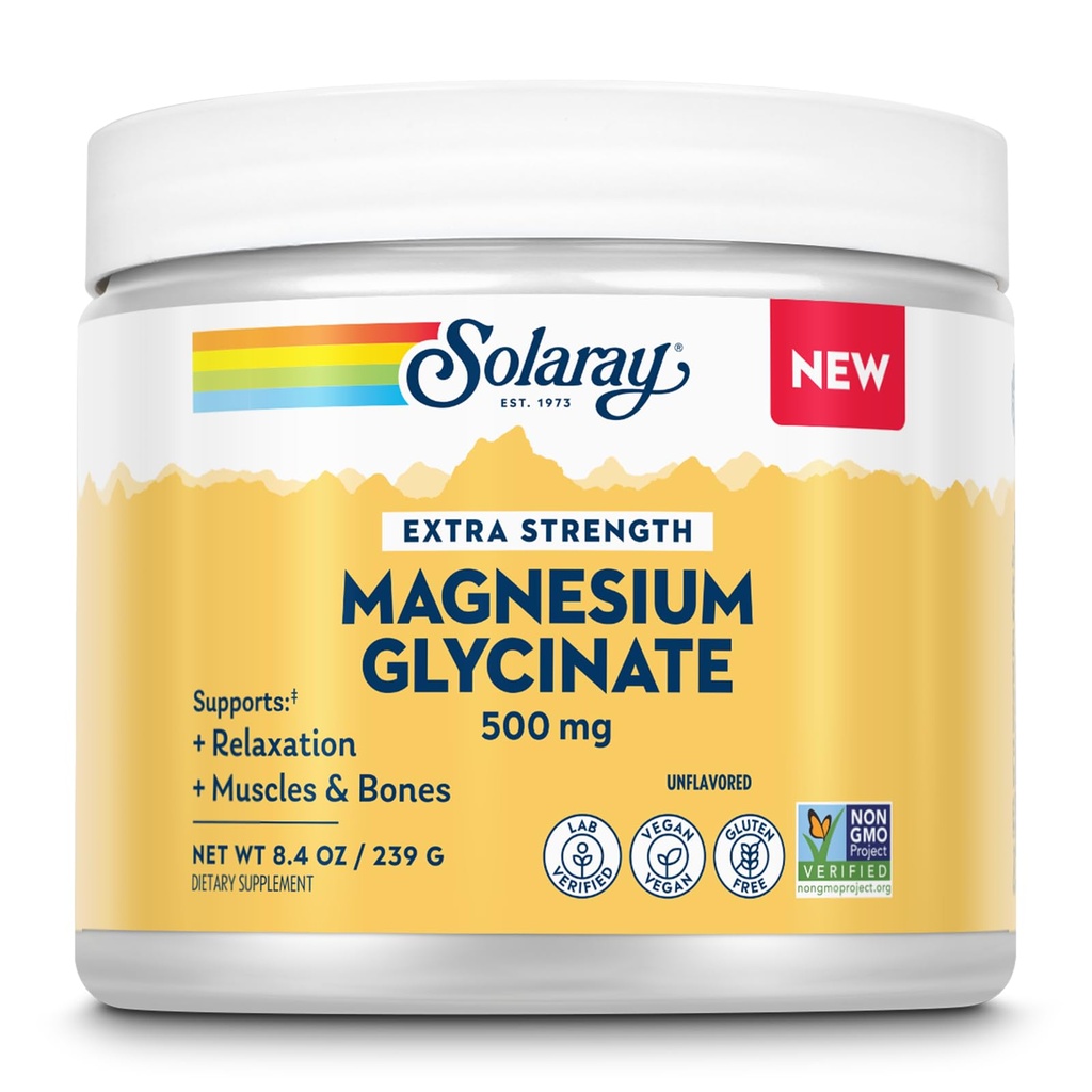 SOLARAY Magnesium Glycinate 500mg Powder - Extra Strength, Unflavored Magnesium Supplement for Bone, Muscle and Relaxation Support - Vegan, Gluten Free, Non-GMO, 60-Day Guarantee - 30 Servings, 8.4 OZ