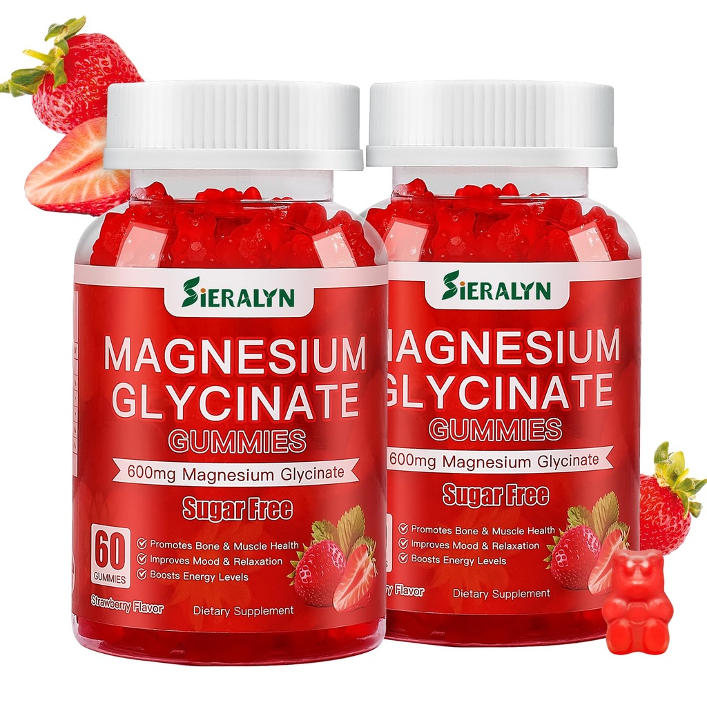 Magnesium Glycinate Gummies 600mg, Sugar Free Magnesium Gummies for Adults, Strawberry Magnesium Supplement for Stress & Muscle Relief & Nerve Health, Non-GMO, Gluten Free, Vegan, 120 Count
