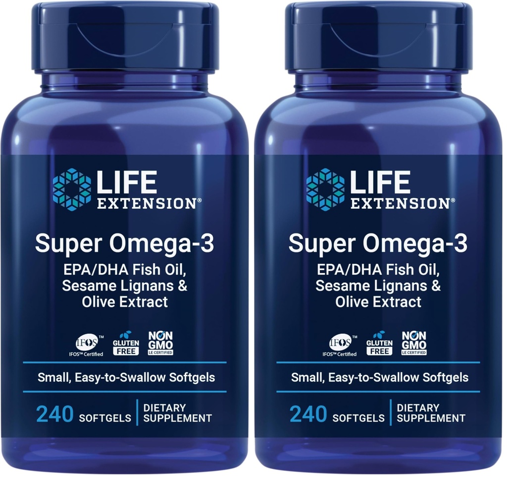 Life Extension Super Omega-3 EPA/DHA Fish Oil, Sesam Lignans & Olive Extract – Herz, Gehirn, Entzündungs-Gesundheitsunterstützung, Glutenfrei, einfach zu schlucken, Non-GMO, 240 Softgels (Pack von 2)