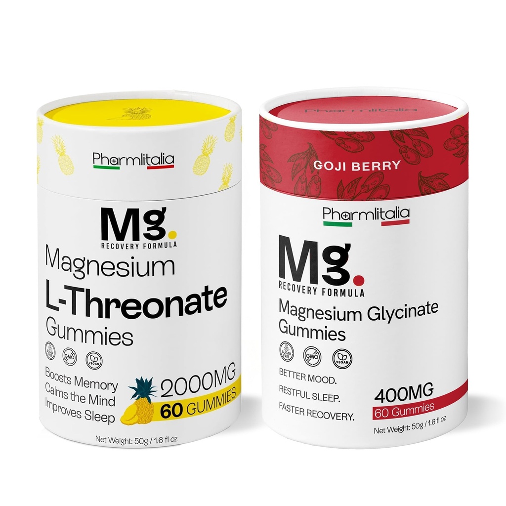 Magnesium Gummies Bundle – Glycinate 400mg for Sleep, Relaxation & Muscle Support + L-Threonate 2000mg for Brain, Memory & Focus Support (Gojiberry, 60 Ct Each)