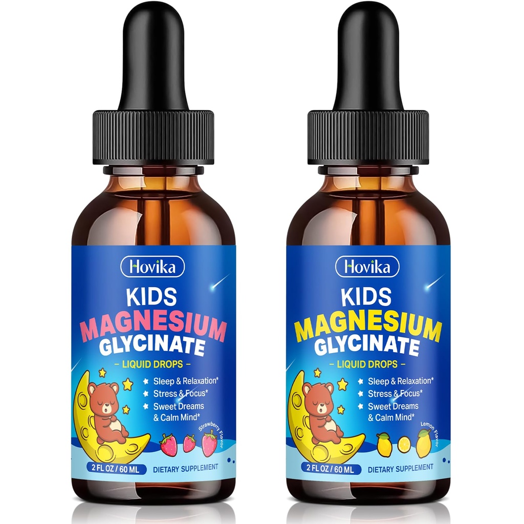2 Pack Kids Magnesium Glycinate Liquid Drops with L-Theanine Omega-3, Vitamin B6, D3, Zinc - Magnesium Drops for Kids Strawberry & Lemon Flavor