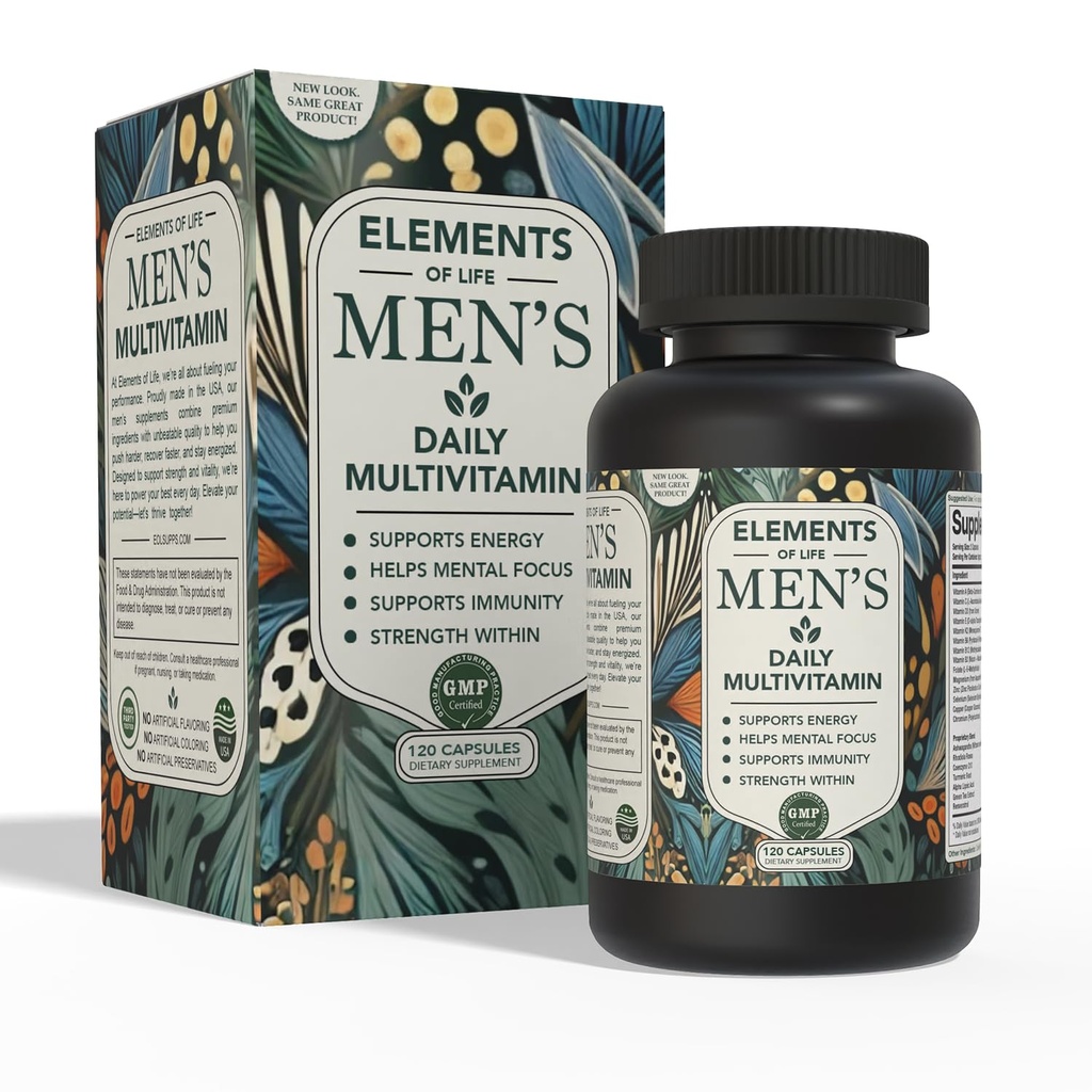 Elements of Life Men’s Multivitamin - High Performance Daily Multi: Methylated Folate & B12 - Ashwagandha & Rhodiola for Stress & Energy - CoQ10, Resveratrol & Zinc: Heart & Immune Support - 120 Caps