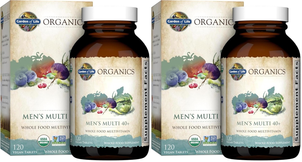 Garden of Life Organics Whole Food Multivitamin - Men 40+ 120 Tablets, Vegan Mens Multi for Health & Well-Being Certified Organic Whole Food Vitamins & Minerals for Men Over 40 Mens Vitamin(Pack of 2)