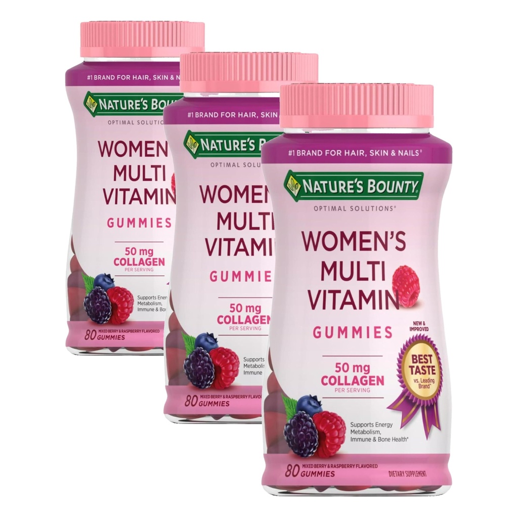 Nature's Bounty Optimal Solutions Women's Multivitamin, Immune and Cellular Energy Support, Bone Health, Raspberry Flavor, 80 Gummies, 40 Total Servings (Pack of 3)