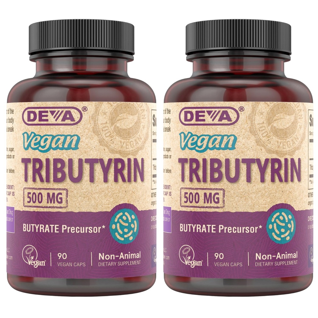 DEVA Vegan Tributyrin Supplement - Butyrate Precursor, Gut Barrier Support, Butyric Acid, 500 MG Vegan Capsules, Leaky Gut Support, Digestion, 90 Count (Pack von 2)