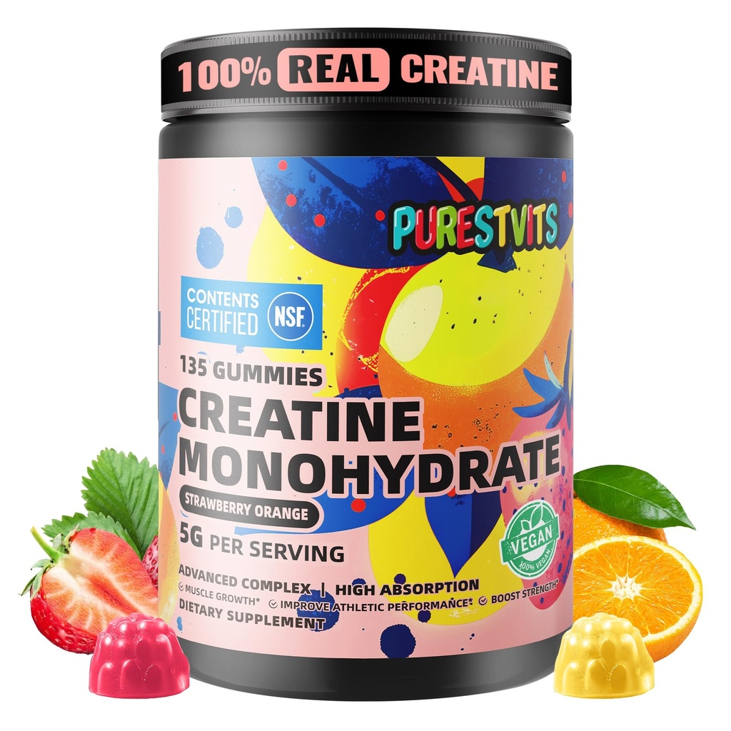 NSF Certified Creatine Gummy 5g - Creatine Monohydrate Gummis – Pre-Workout Energy & Muskel-Wachstumsunterstützung für Männer & Frauen | Strawberry Orange Electrolyte Gummies (135 Zähler)