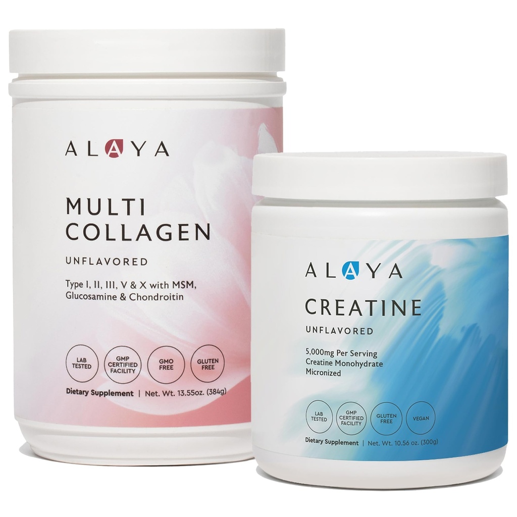 Alaya Multi Collagen Powder (40 Servings) & Micronized Creatine Monohydrate (5 g) Bundle – Unflavored, Non-GMO Supplements for Muscle Energy, Skin, Hair & Joint Support