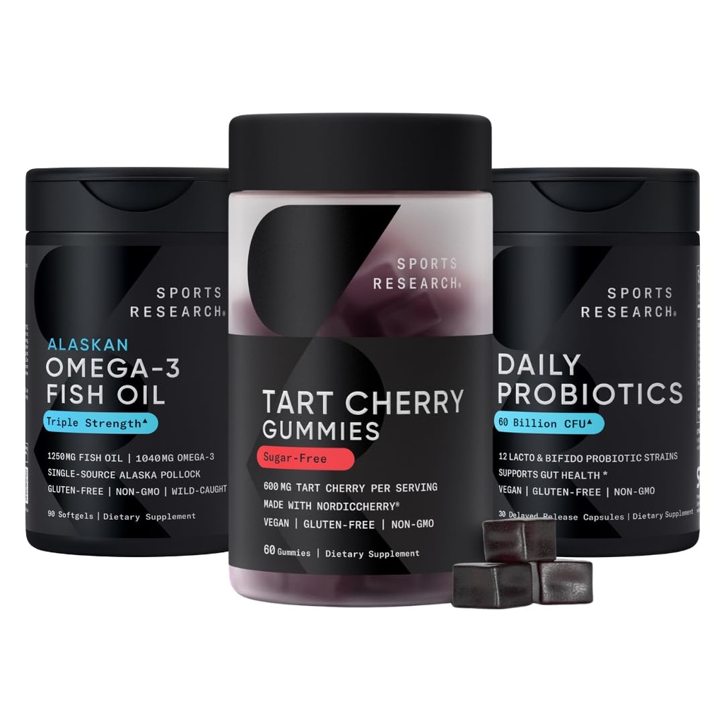 Sports Research® Tart Cherry Gummy Supplements | 600mg of NordicCherry™ & Triple Strength Omega 3 Fish Oil w/EPA & DHA Fatty Acids & Daily Probiotics with Prebiotics, 60 Billion CFU