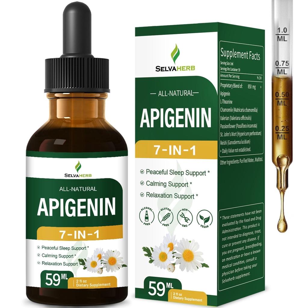 Apigenin Supplement for Sleep Support, 7-in-1 Formula Drops w/L-Theanine Chamomile & Valerian for Calming & Relaxation, Fast Absorption Liquid, Alcohol-Free. 2oz