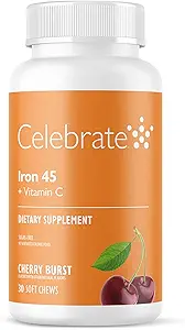 Celebrate Vitamine Eisenergänzung mit Vitamin C - 45mg Eisen, 60mg Vitamin C, Bariatric Vitamine für WLS Patienten, Vertical Sleeve & Magen Bypass Chirurgie - Trauben, 90 Kautabletten