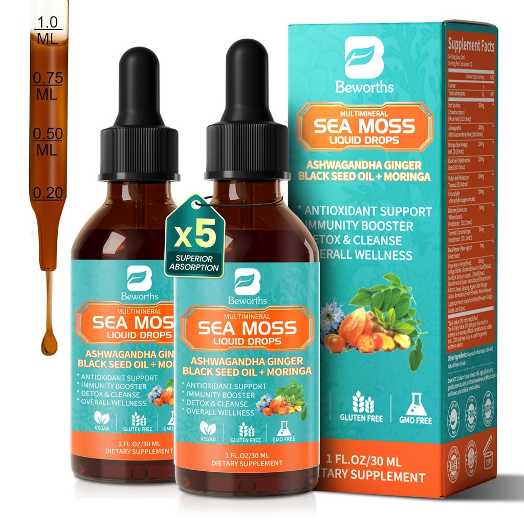Sea Moss Drops - Irish Sea Moss Chlorophyll Liquid with Black Seed Oil, Ashwagandha, Moringa, Turmeric, Elderberry, Mullein, Seamoss Gel Supplement for Gut & Liver Cleanse, Immune Support - Vegan 2 Oz