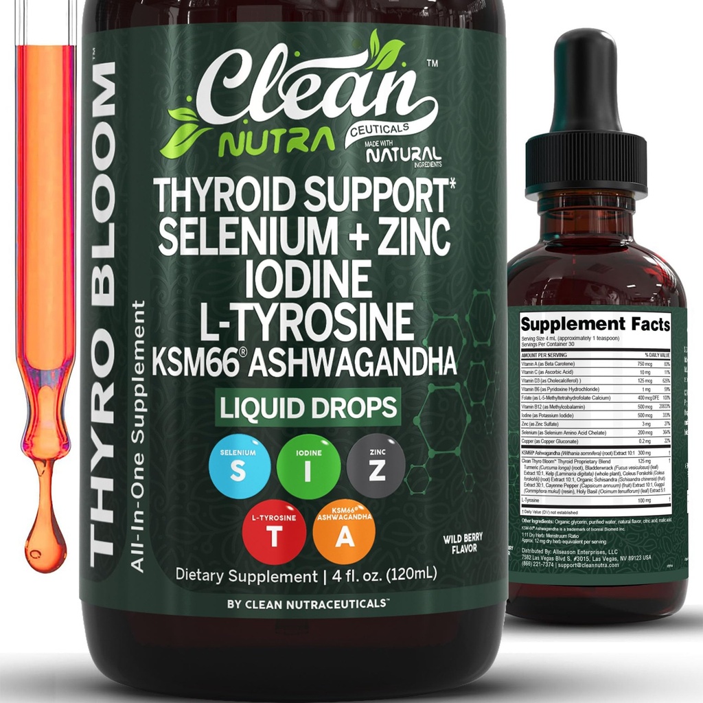 ThyroBloom Schilddrüsenunterstützung für Frauen Flüssigtropfen Iod L-Tyrosin Selen Kupfer Ashwagandha Zink Kelp Bladderwrack Schisandra Guggul Kurkuma Vitamin A D3 B12 Folat Supplement von Clean Nutra 4oz
