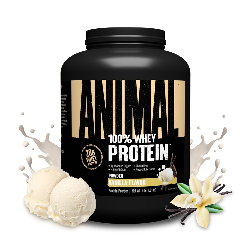 Animal 100% Whey Protein Powder – Whey Blend for Pre Workout oder Post Workout, Recovery, oder eine jederzeit Low Sugar Protein Boost Meal Ersatz mit BCAA verzweigte Kette Aminosäuren – Vanille, 4 lb
