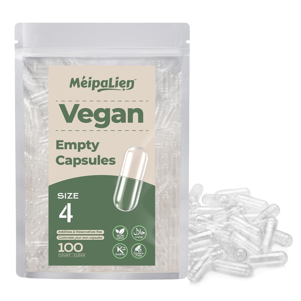 HPMC Empty Capsules Size 4-100 Clear Count Pill Capsules Empty - Plant-Based Cellulose | Vegetarian, Halal, Non-GMO | for DIY Supplement & Herbal Filling