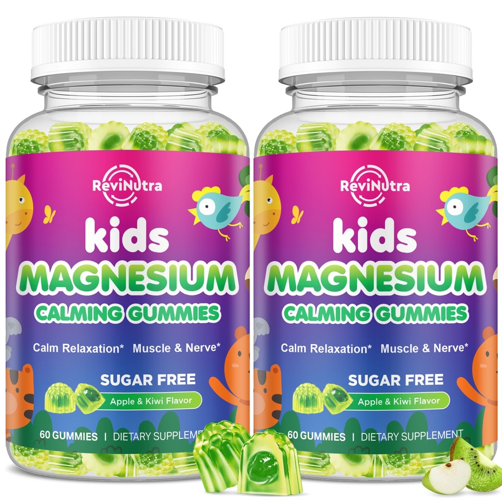 2 Pack Kids Magnesium Gummies - Magnesium Glycinate Gummies for Kids & Adults with L-Theanine, Chamomile, Licorice, Vitamin D, B6 for Sleep, Relaxation, Brain & Muscle - Sugar Free Apple & Kiwi