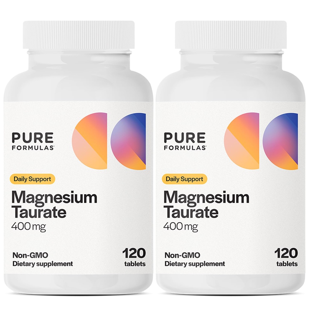 Pure Formulas Magnesium Taurate 400mg - 120 Tablets - Non-GMO Magnesium Supplement for Cardiovascular Health, Muscle Function, and Relaxation - Essential Mineral with Calming Taurine - 1-Month Supply