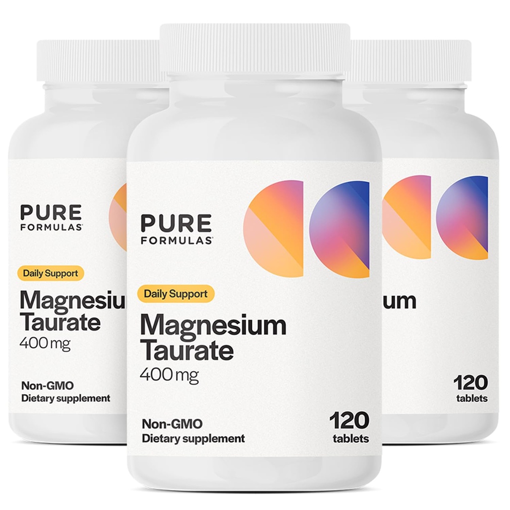 Pure Formulas Magnesium Taurate 400mg - 120 Tablets - Non-GMO Magnesium Supplement for Cardiovascular Health, Muscle Function, and Relaxation - Essential Mineral with Calming Taurine - 1-Month Supply