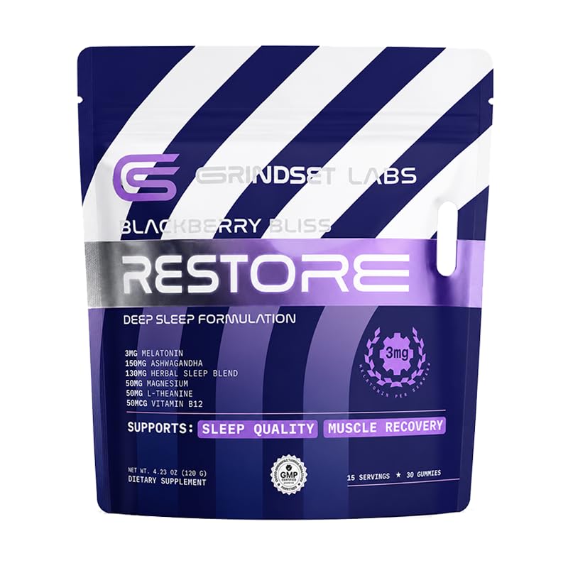 Restore Gummies, Ashwagandha KSM 66 with Magnesium, L-Theanine, Melatonin 3mg, Sleep Recovery and Relaxation Support, BlackBerry Bliss, 30 Count